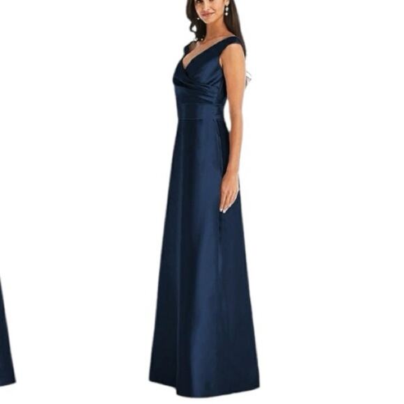 Alfred Sung Off The Shoulder Satin Navy Maxi Gown New Retails $239 - Picture 2 of 10